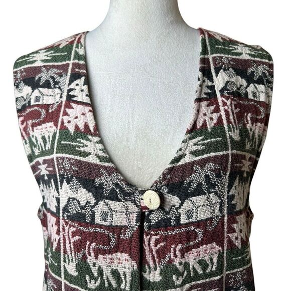 90s Vintage Tapestry Relaxed Rug Vest Pockets Fringe Large Boho Western Farm - Picture 2 of 9